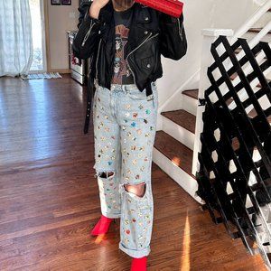 Unbranded custom puzzle piece embellished cropped wide leg jeans size 8